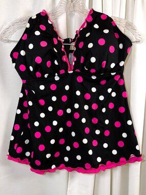 Women's Caribbean Joe Black w/Pink & White Polka Dot Tankini Halter Swim Top, 14
